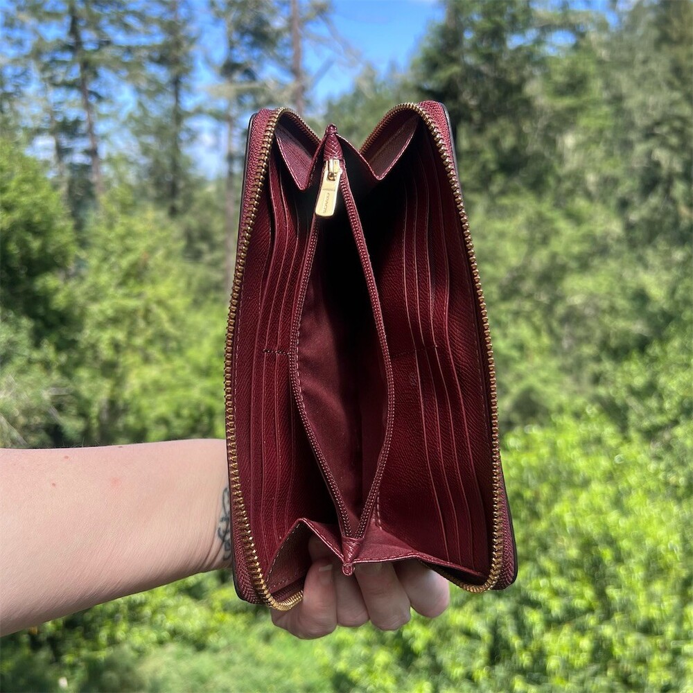 COACH Long Zip-Around Burgundy Pebble Leather Wallet w Gold Hardware AUTHENTIC - Picture 4 of 12